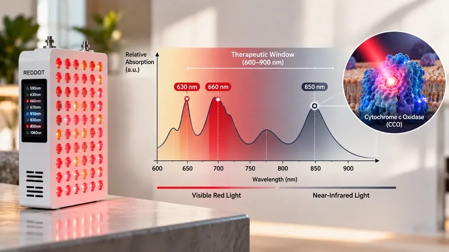 Spectral graph showing 600nm to 900nm therapeutic window with cytochrome c oxida