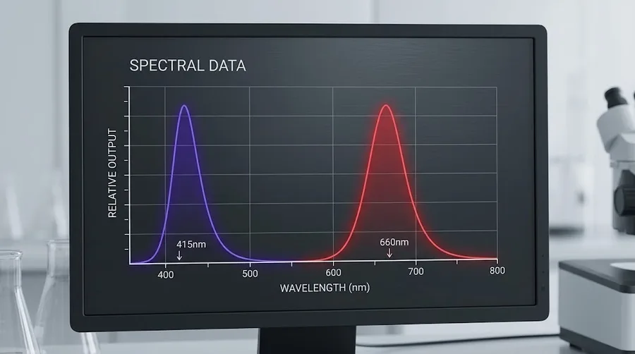 Spectral graph showing two distinct peaks at 415nm and 660nm for purple light th
