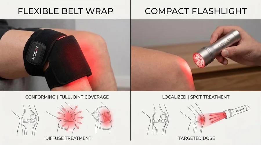 Split image comparing flexible belt wrap versus compact flashlight for joint tre