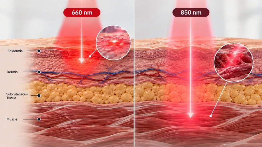 Split-screen diagram showing 660nm light absorbing superficially versus 850nm pe