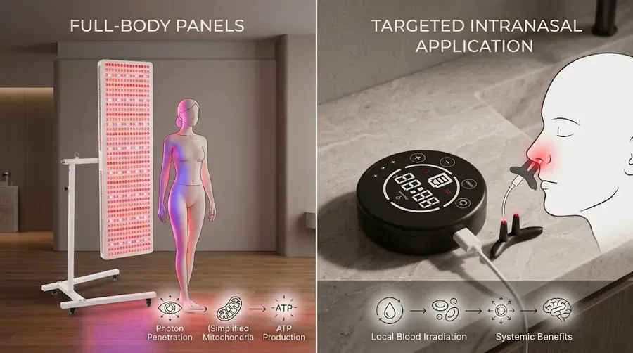Split visual showing a full-body LED panel setup alongside a targeted nasal appl