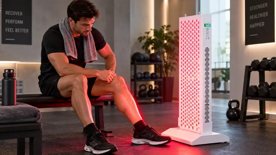 Sports recovery studio client receiving targeted red light therapy on lower leg