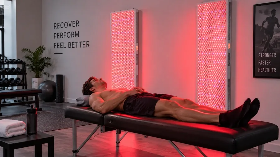 Sports recovery studio setup featuring large wall-mounted panels treating an ath