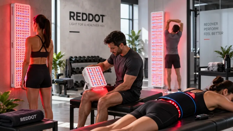 Sports recovery studio with clients using wall-mounted panels and portable thera