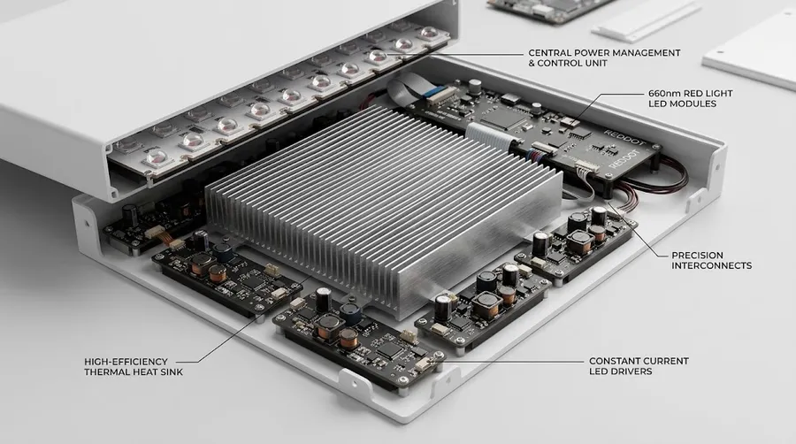 Technical breakdown of a high-output LED panel showing driver boards, thermal si