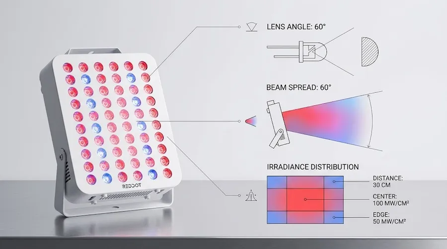 Technical breakdown of an LED panel showing lens angles, beam spread, and irradi