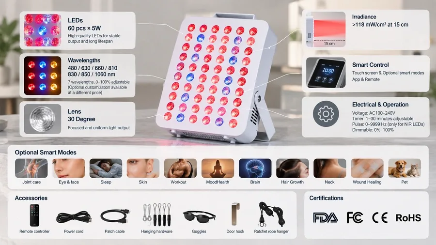 Technical breakdown of therapy panel showing LED wattage lens degree options and