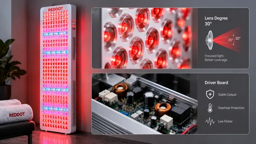 Technical close-up of LED array lens degree and driver board components — Light 