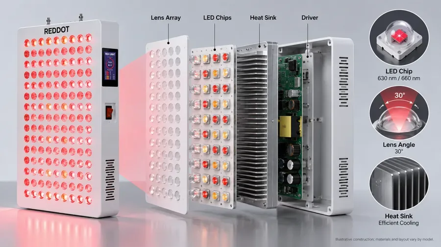 Technical cutaway of a red light panel highlighting LED chip lens angle and heat