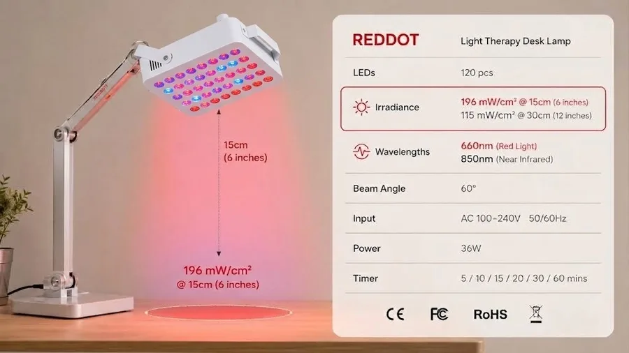 Technical spec sheet overlay highlighting irradiance measurements and wavelength