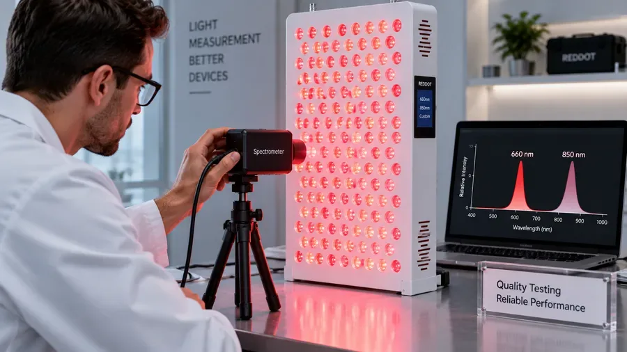 Technician using a spectrometer to verify the exact nanometer peak of an LED arr