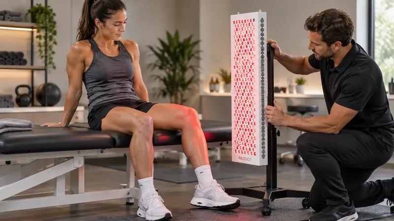 Therapist positioning a narrow-beam red light therapy device over an athlete's k