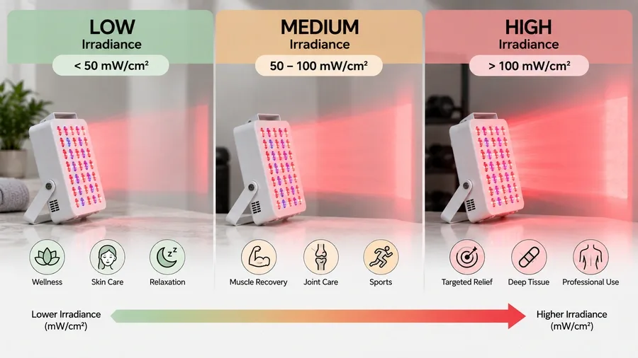 Three-tier visual chart mapping low, medium, and high irradiance ranges to corre