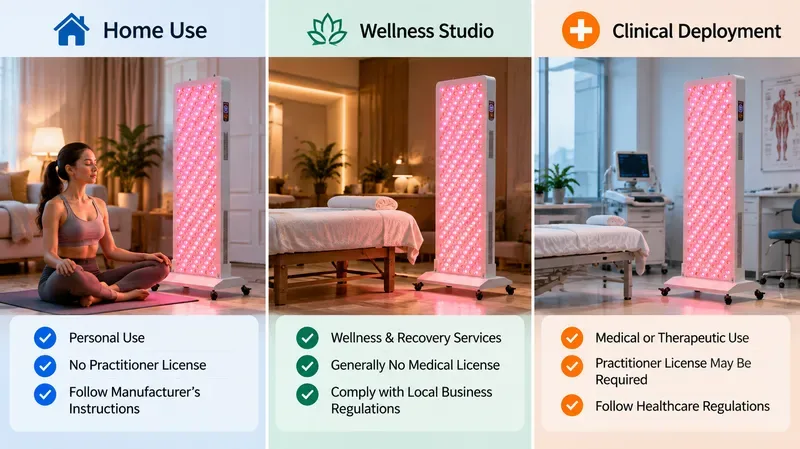 Tier chart comparing home use, wellness studio, and clinical deployment for red