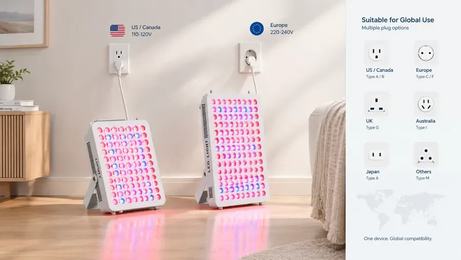Two LED therapy panels plugged into different international wall outlets — LED l