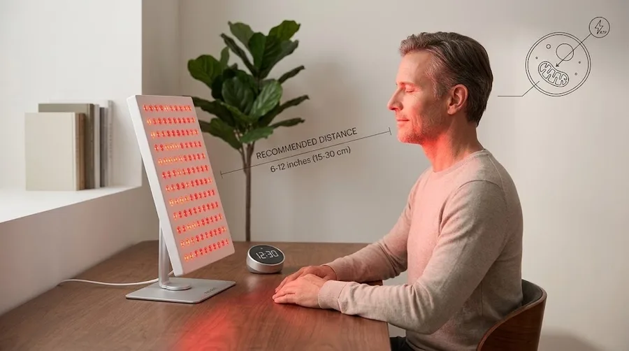 User utilizing T1 Desktop Panel at recommended distance with timer visible — Wha