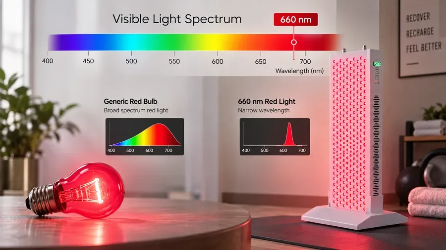 Visible light spectrum diagram highlighting 660 nm wavelength for What are the b