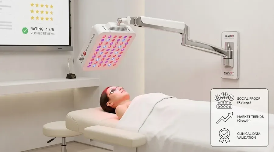 Wellness clinic setting with a professional multi-wavelength LED panel mounted o